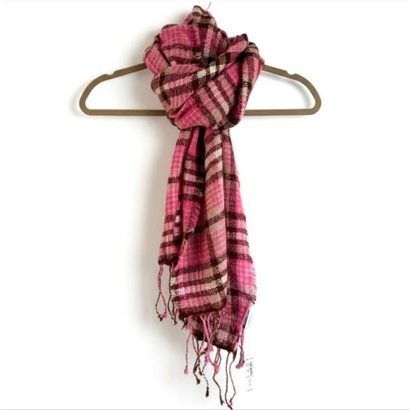 NEW Madewell Gauzy Plaid Scarf Azalea Pink Oversized Fringe Acrylic Wool Blend - Picture 3 of 8